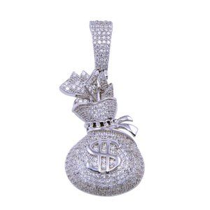 Sterling Silver 925 Rhodium Plated CZ Money Bag Pendant